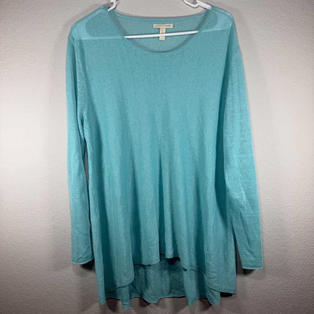 Eileen Fisher Organic Linen Blend Tunic Sweater Aqua Blue High Low Medium